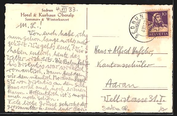 Cartoline postali: AK Sedrun, Ortspartie mit Kirche, 1933 – Usato da Berlin venduto da bartko-reher 1