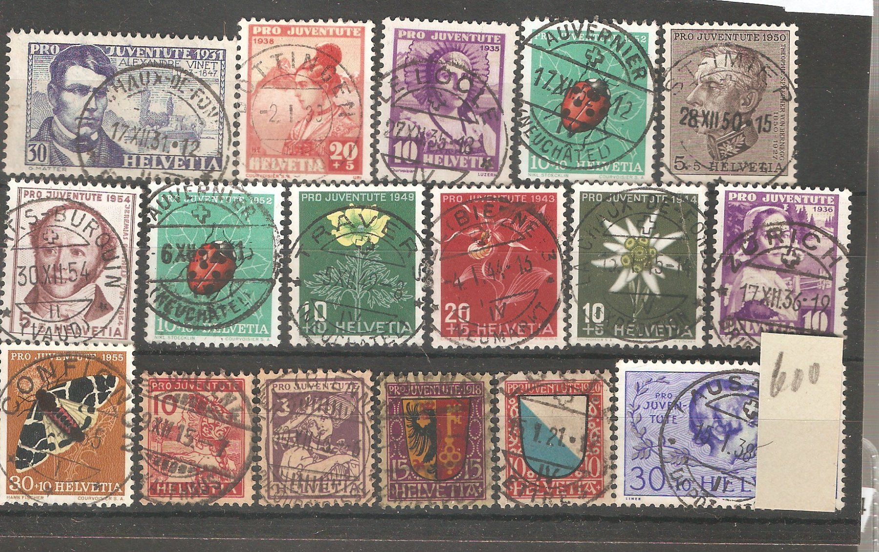 Alle Briefmarken: PJ 17 frühe Werte mit Zentralstempel – Gebraucht aus Lausanne von Whorvath