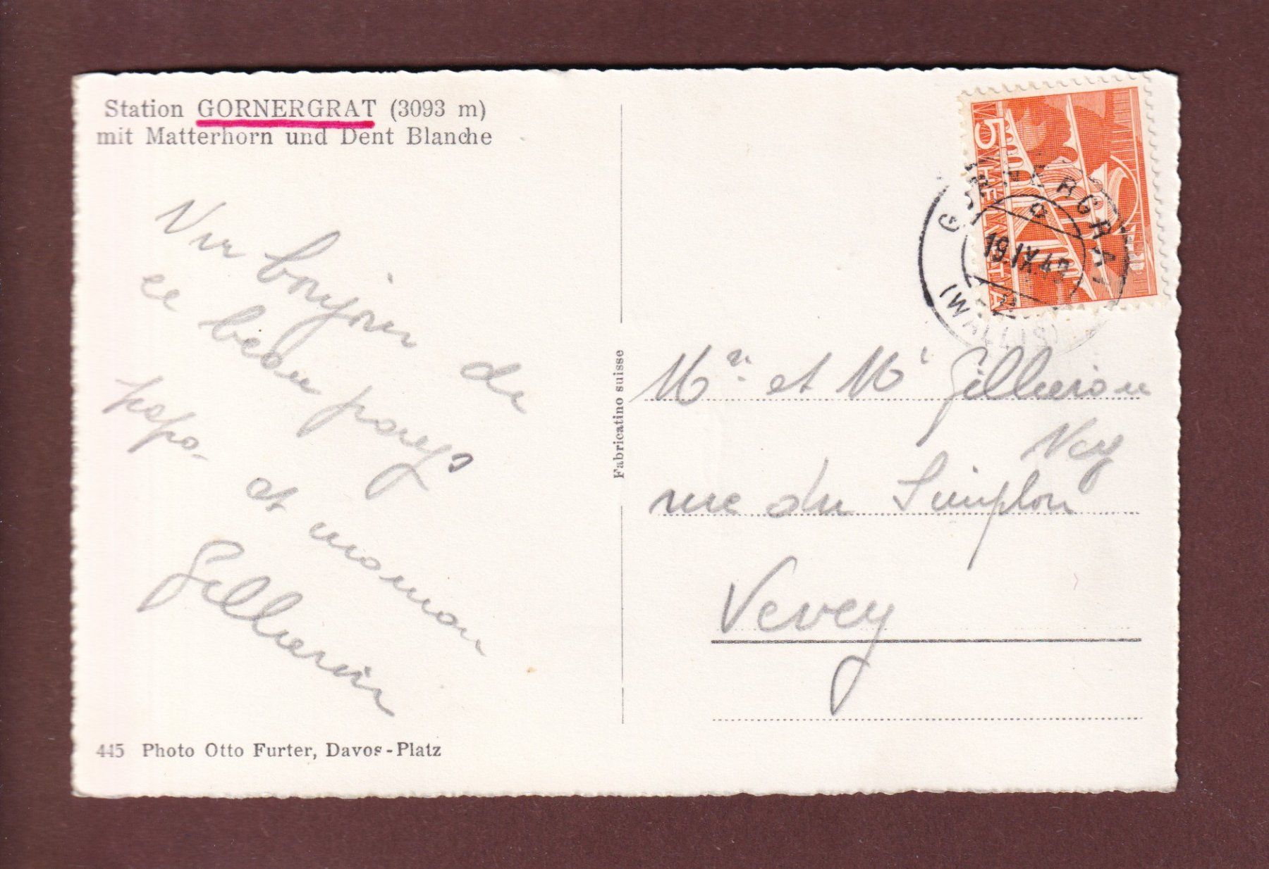 Ansichtskarten: GORNERGRAT - Bahn - Matterhorn - 1949 – Gebraucht aus Pully von nicecards 1