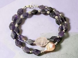 Unikat 💎 Neue Amethyst Halskette, Rosenquarz Barockperle