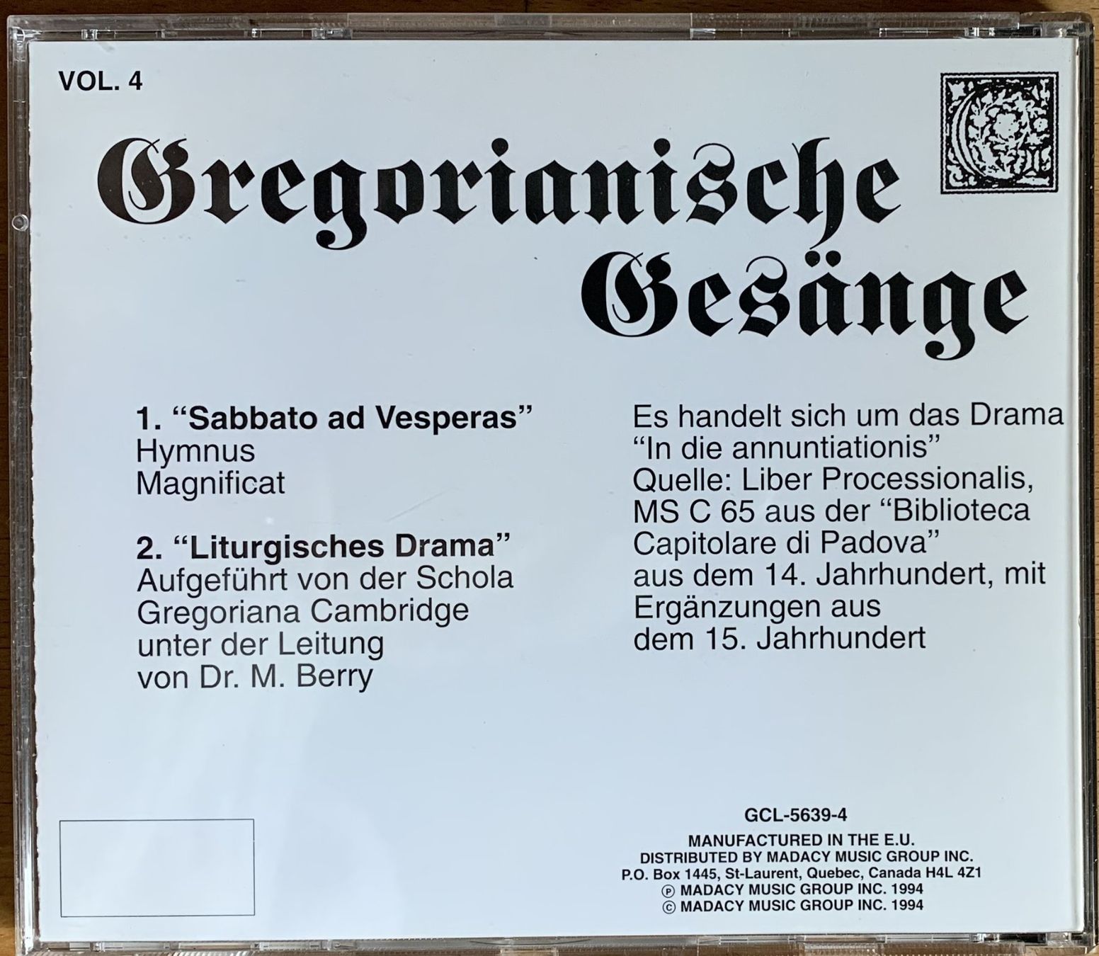 CD: GREGORIANISCHE GESÄNGE, Vol. 1 - 4 – Nuovo e nell'imballaggio originale da Birsfelden venduto da Emporio82 4