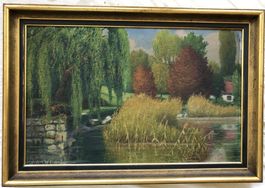 J.Isler - Gemälde Öl auf Holz – Landschaft Partie bei der Au