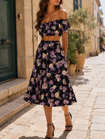 ENSEMBLE FLORAL CROP TOP ET JUPE