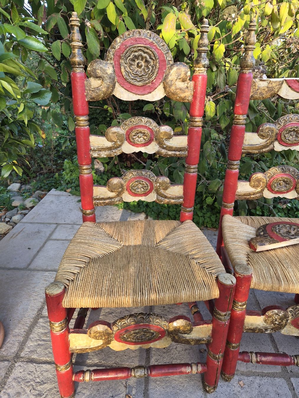 Seltenes Set von 4 antiken Barockstühlen - Rot & Gold (D'occasion) à ...
