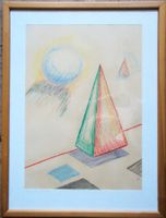 Grosse Pastell Zeichnung: Pyramide  und Kugel