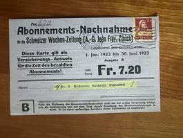 Postkarte 1923 Abo Nachnahme Schw. Wochen Zeitung (V946)