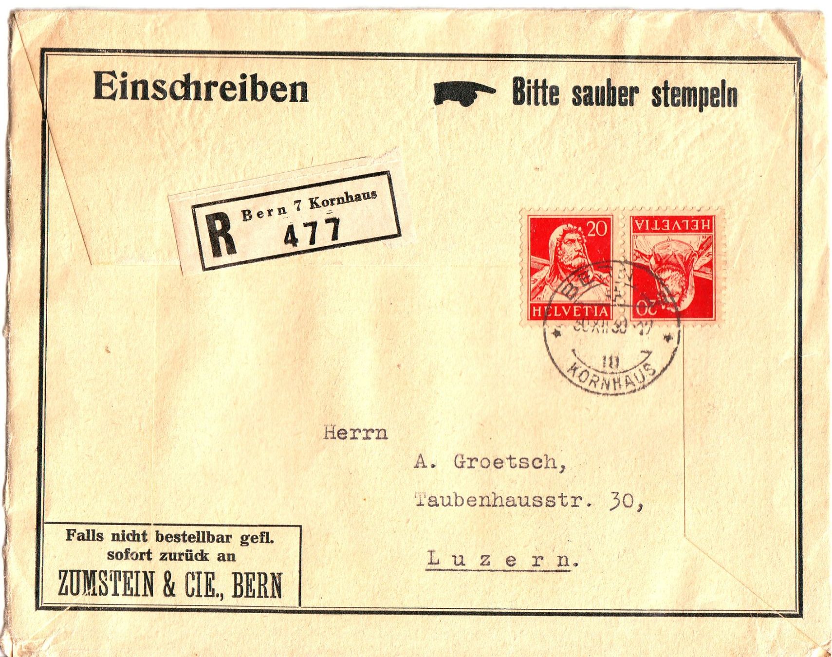 Buste & buste per spedizione: Einschreibe Brief mit Kehrdruck – Usato da Brittnau venduto da trouvaille02