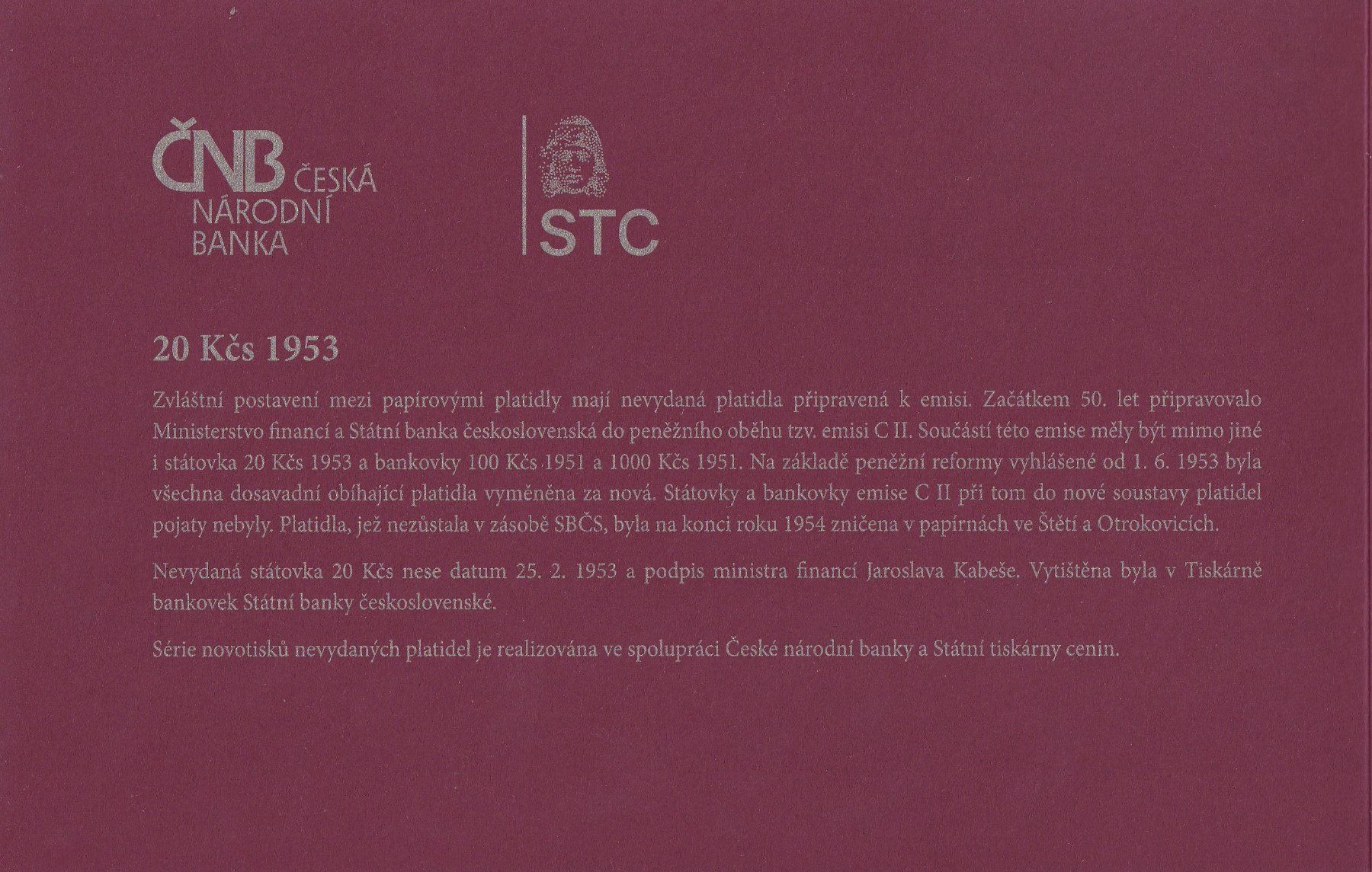 Banconote: Tschechoslowakei 20 Korun UNC 1953 – Nuovo (secondo la descrizione) da Naters venduto da Radman 2