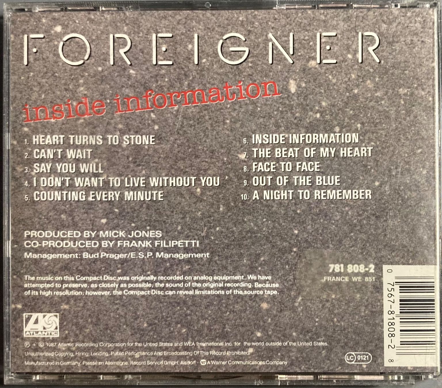 CD: FOREIGNER - INSIDE INFORMATION – Usato da Poliez-Pittet venduto da Newtown-Records 1