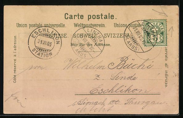 Cartoline postali: Litho Linthal, Ortsansicht mit Bergpanor – Usato da Berlin venduto da bartko-reher 1