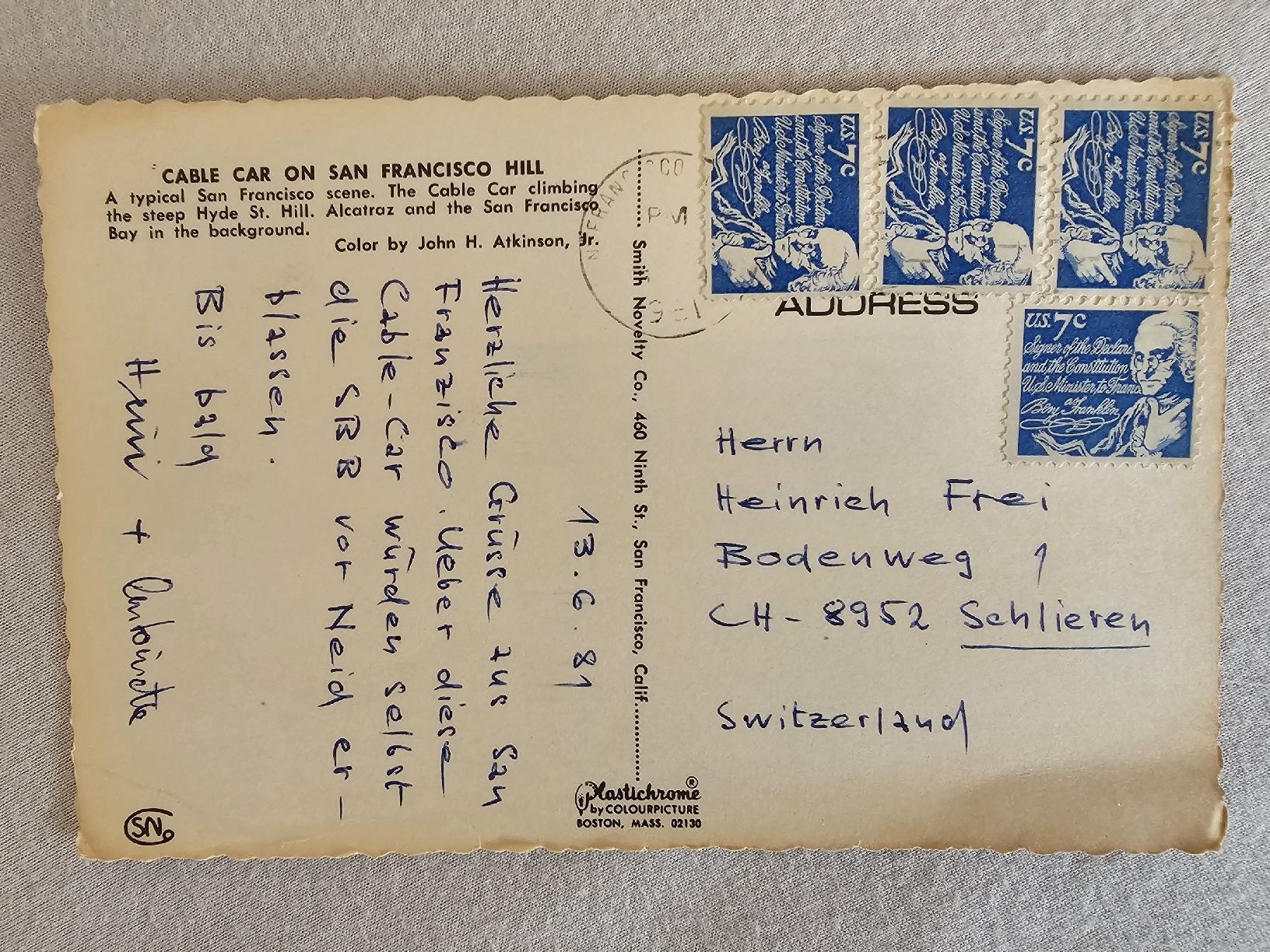 Ansichtskarten: Ansichtskarte San Francisco Cable Car mit Alcatraz 1981 – Gebraucht aus Bütschwil von Taborana 1