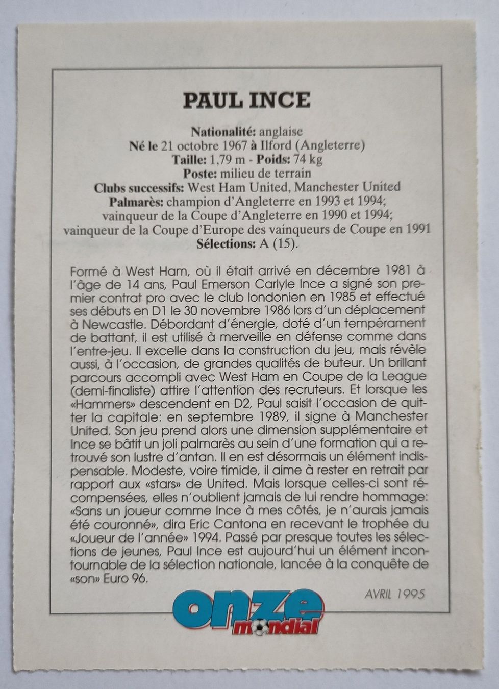 Carte collezionabili: Fiche Paul Ince - Onze mondial – Usato da Lausanne venduto da the_p2w5 1