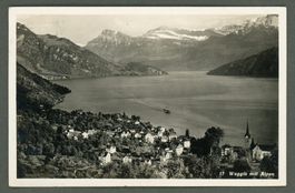 AK sw Weggis LU mit Alpen,Dorf,Dampfschiff ≈ 1932
