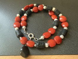 Unikat 💎 Neue rot-schwarze Halskette mit Lava und Onyx