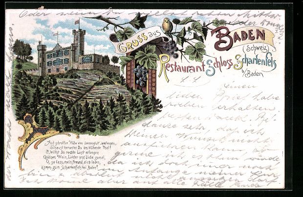 Cartoline postali: Litho Baden, Restaurant Schloss Scharten – Usato da Berlin venduto da bartko-reher