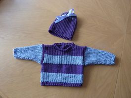 Puppenpullover mit Mütze violett / lila ca. 36-45cm