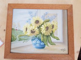 Blumen Stilleben Bild Gemälde W. Graber 1943 antik