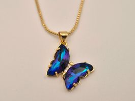 Neu Schmetterling Halskette Gold Blau - Kristall Anhänger