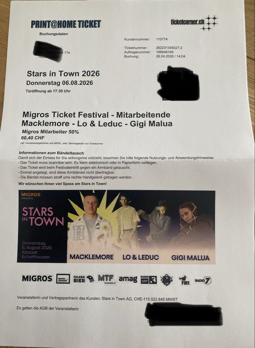 Biglietti: Stars in Town Macklemore  – Nuovo e nell'imballaggio originale da Pfungen venduto da hobbymarcolino