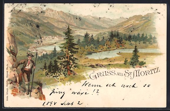 Cartes postales: Litho St. Moritz, Panorama mit Wanderer – D'occasion à Berlin par bartko-reher