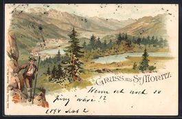 Litho St. Moritz, Panorama mit Wanderer