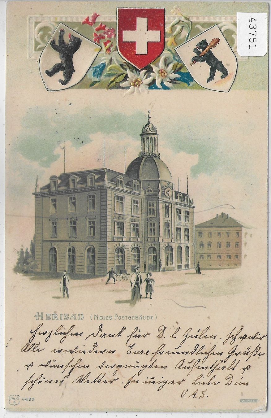 Cartoline postali: Herisau - Neues Postgebäude - Präge-Litho – Usato da Ettingen venduto da Kartenplanet