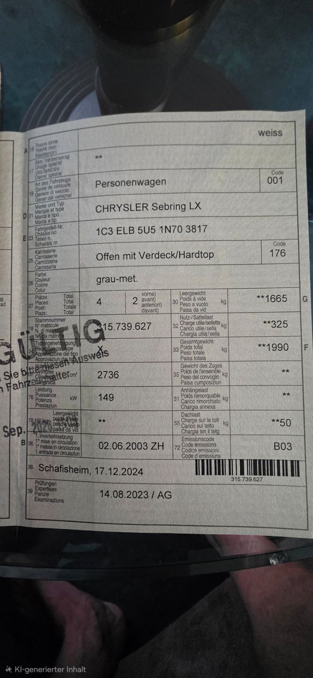 Chrysler Automobili: Chrysler Sebring 2.7 V6 – Usato da Safenwil venduto da rawo01 4