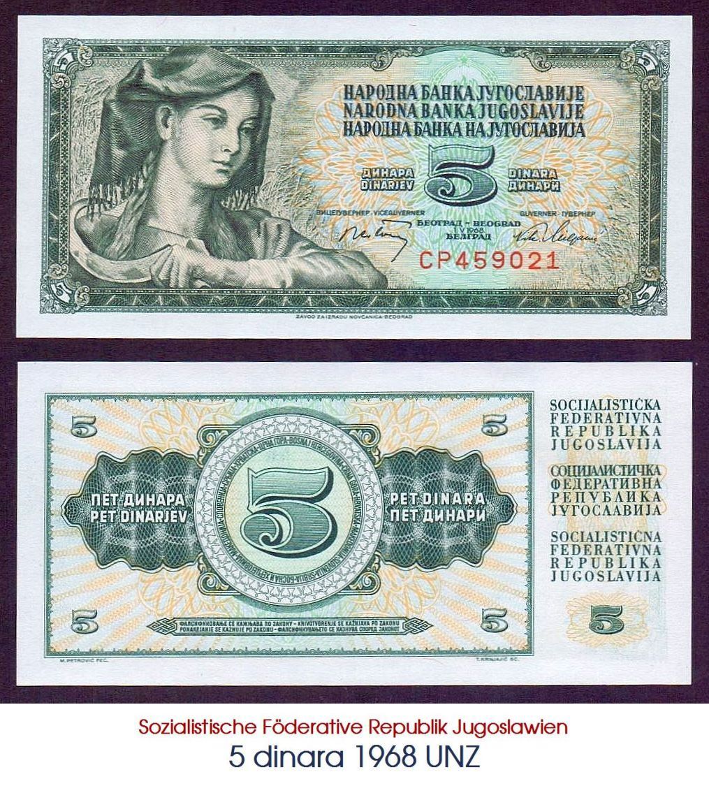 Banknoten: 5 Dinar 1968 SFRJ UNZ – Neu (gemäss Beschreibung) aus Flamatt von samowarow