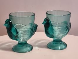 2 Vintage Luminarc France Eierbecher Hühner – Türkis