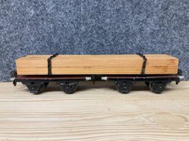 2er Set Märklin Spur 0 Drehschemelwagen, Holzwagen beladen