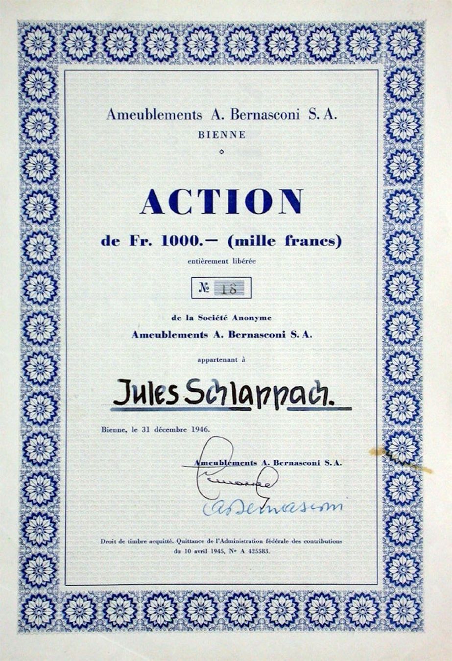 Documenti: Ameublements A. Bernasconi SA, Bienne - 1946 – Usato da Solothurn venduto da Sgasche