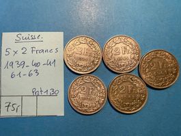 SUISSE : 5 X 2 FRANCS ARGENT 1939-40-41-61-63