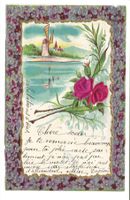 Samt- und Seiden-Applikation  Rosen - Windmühle  Präge-Litho
