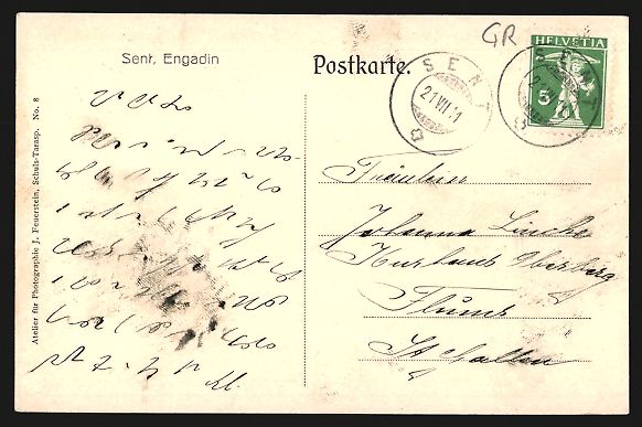 Cartoline postali: AK Sent /Engadin, Teilansicht mit Bergen – Usato da Berlin venduto da bartko-reher 1