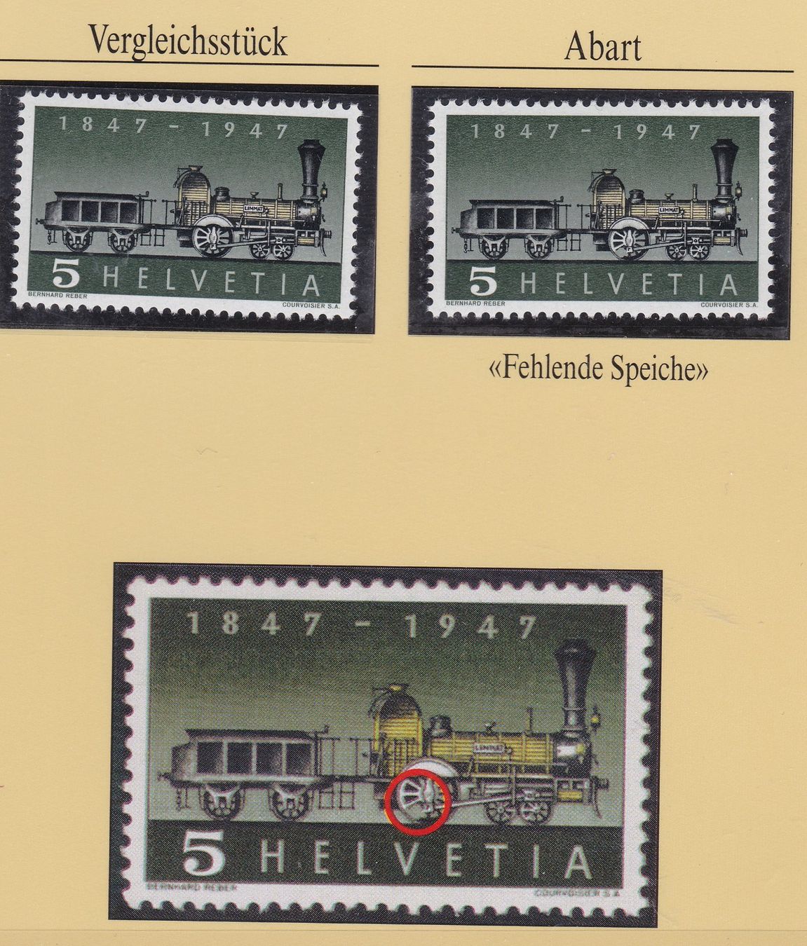 Tutti i francobolli: 1947, ABART, SPANISCH -BRÖTLIBAHN, FEHLENDE SPEICHE – Usato da Oberrieden venduto da Gebirgsstelze