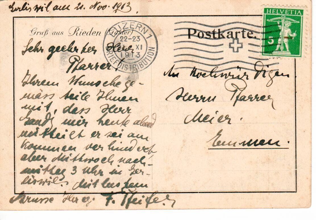 Ansichtskarten: Gruss aus Rieden 1913 – Gebraucht aus Wolhusen von Curver9 1