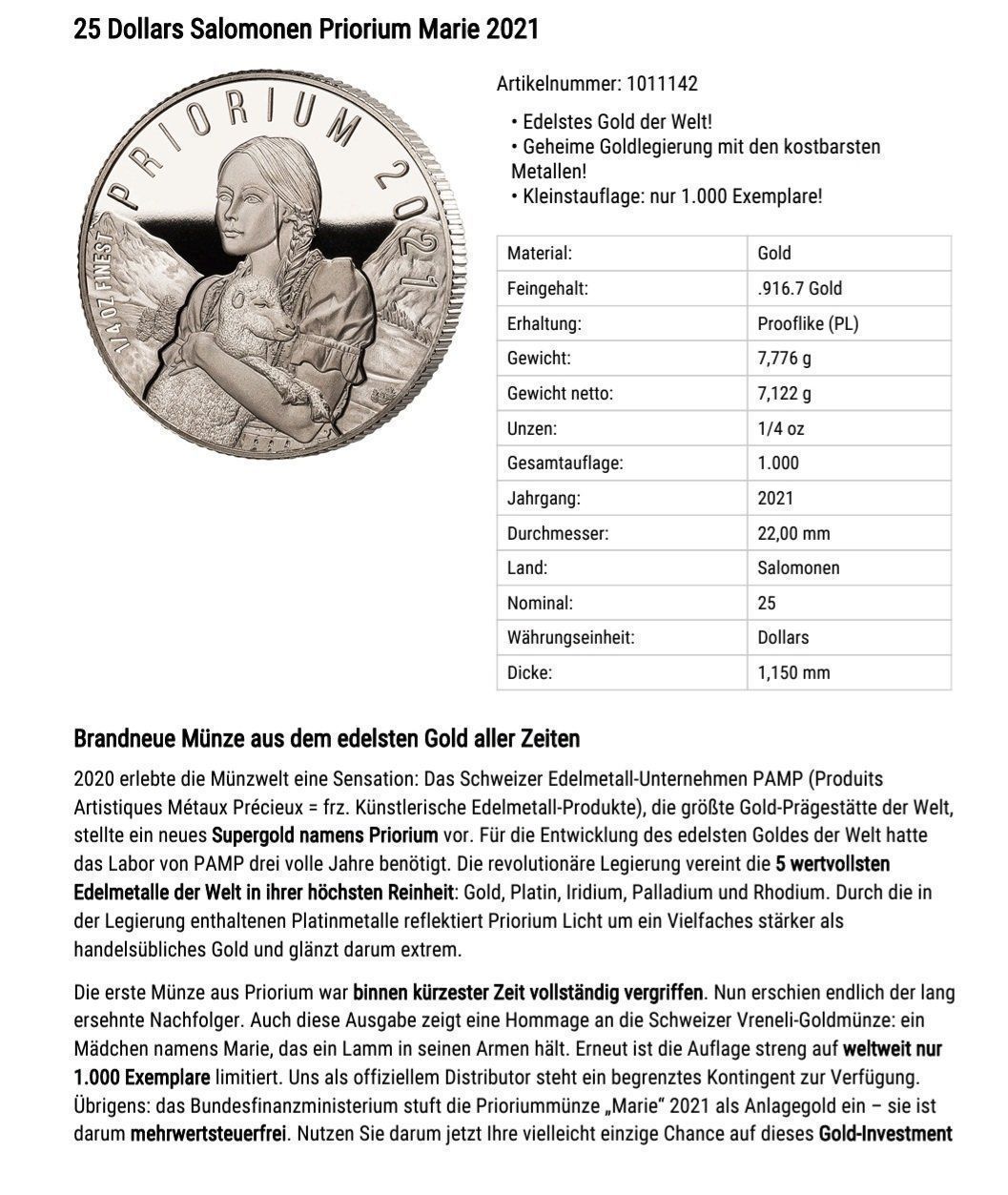 Tutti le monete: Goldmünze Priorium – Usato da Oberstammheim venduto da hil_6vfb 2