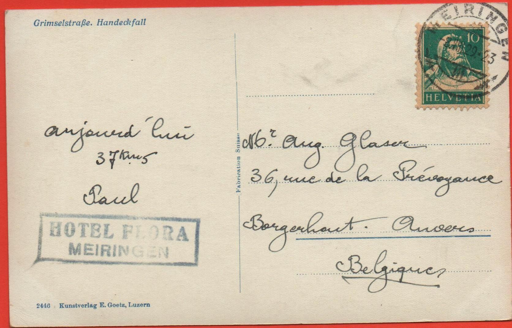 Cartoline postali: GRIMSELSTRASSE Handeckfall, Postauto, Stempel Hotel Flora – Usato da Jona venduto da philajona 1