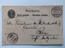 antike Postkarte, 5 Cts, von 1886, von und nach Bern