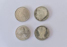 3 deutsche 5-DM-Gedenkmünzen und 1 Silberadler – 625er Silbe