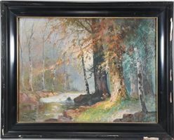 Ölgemälde Waldstück mit Bachlauf und Birken, signiert