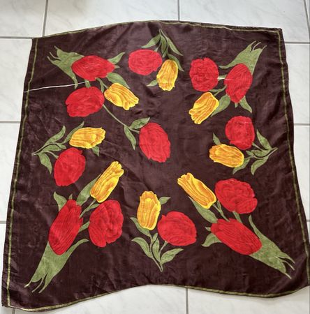 Scarf floral print silk dark brown red yellow 