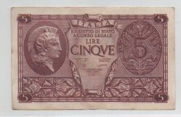 LIRE 5 ATENA ELMATA - ANNO 1944 - ITALIA