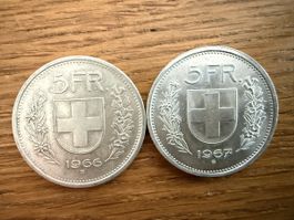 2x 5 Franken Münzen Fünfliber 1966 1967 Silbermünzen
