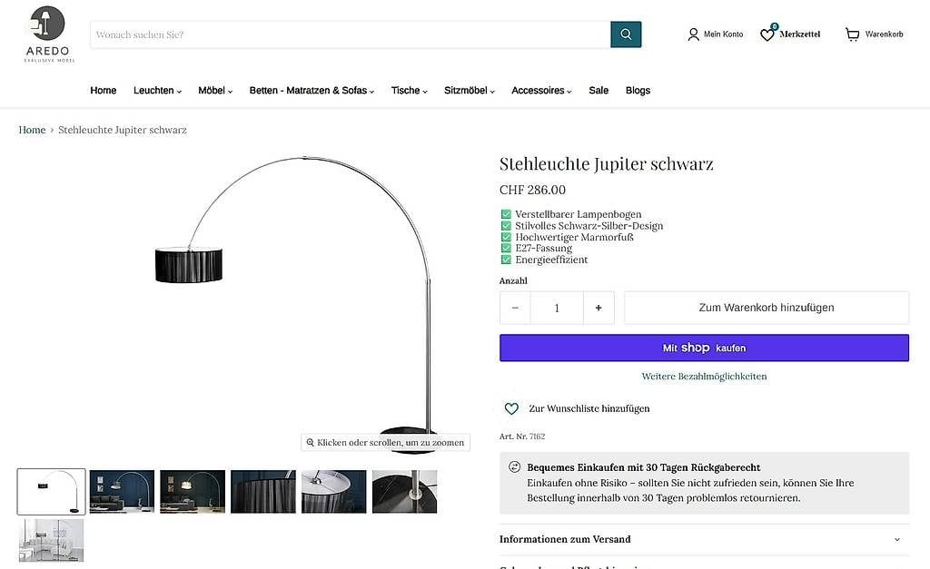Lampade: Stehleuchte Jupiter schwarz – Nuovo e nell'imballaggio originale da Winterthur venduto da aredo 1