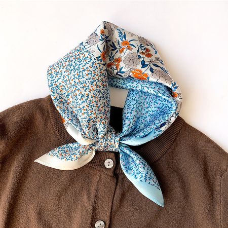 New 53cm Real Silk Scarf, Light Blue Tiny Floral Print