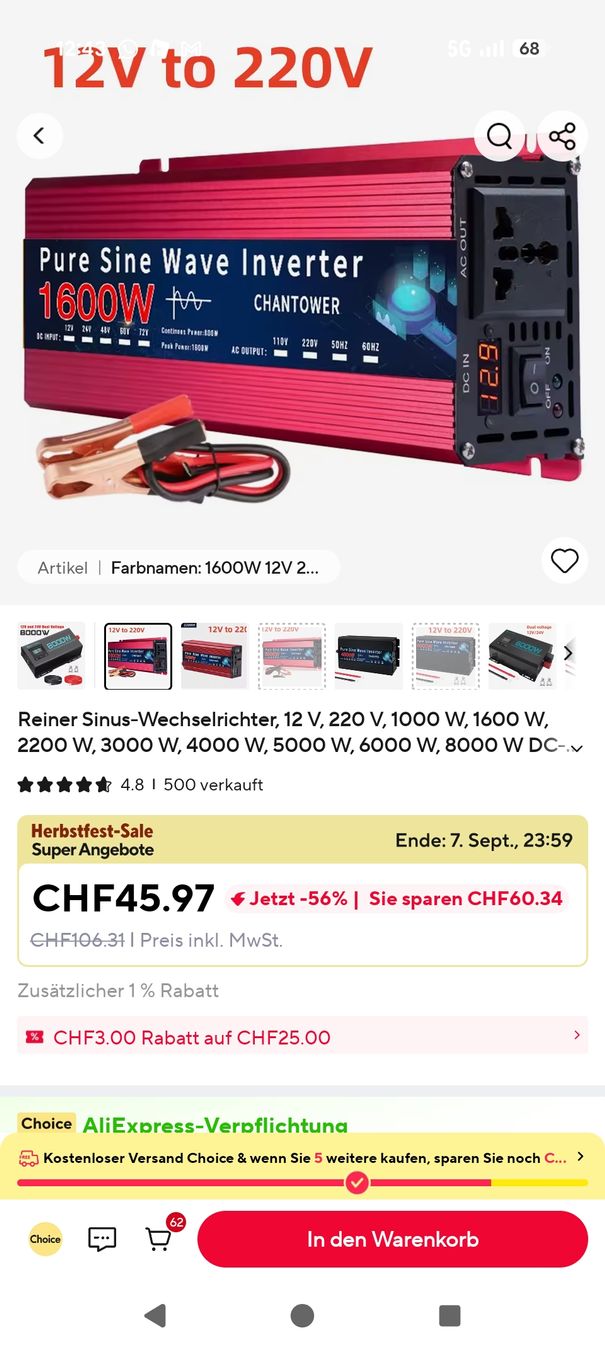Inverter: Wechselrichter 12V 230V 800W – Nuovo e nell'imballaggio originale da Hinterkappelen venduto da thelars 1