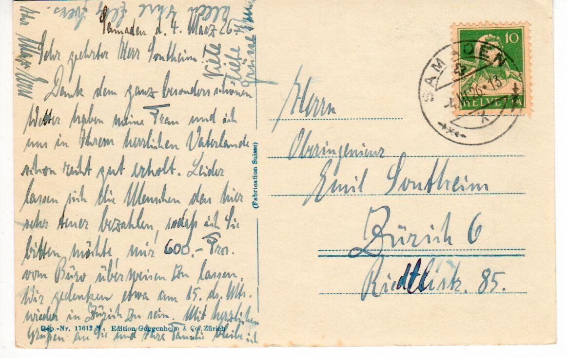Ansichtskarten: Samaden 1926 – Gebraucht aus Wolhusen von Curver9 1