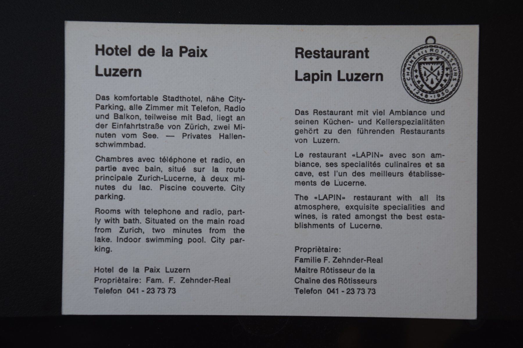Cartoline postali: AK Luzern, Hotel De la Paix – Usato da Luzern venduto da CH2018 1