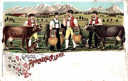 Gruss aus dem Appenzellerland. Sennen mit Kühen